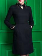 Romwe Black Pu Neck Pockets Leaf Brooch Dress