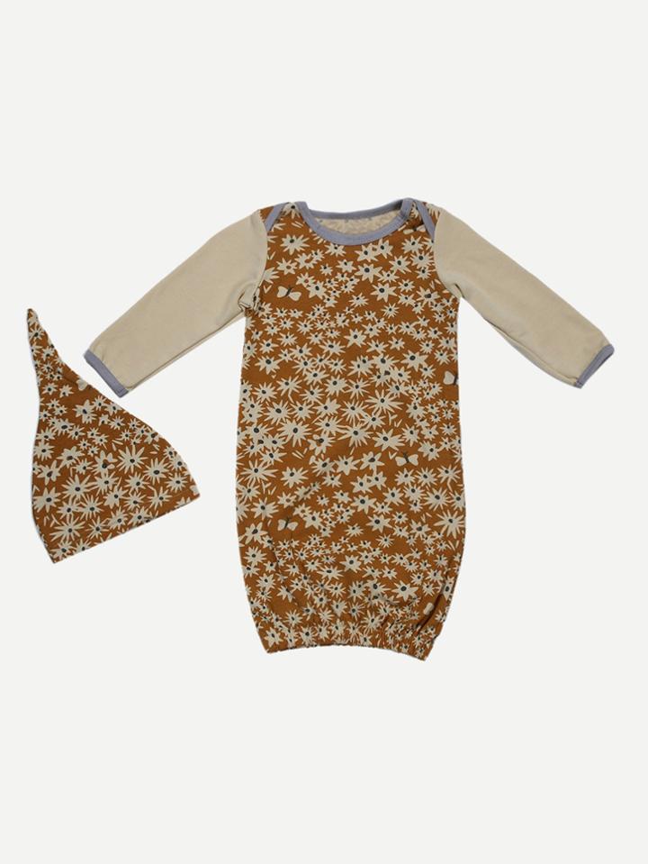 Romwe Contrast Sleeve Printed Nightgown With Hat