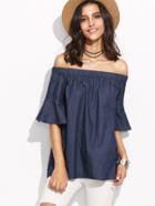 Romwe Blue Bell Sleeve Off The Shoulder Chambray Top