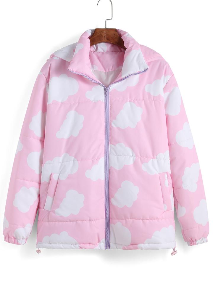 Romwe Lapel Zipper Cloud Print Coat