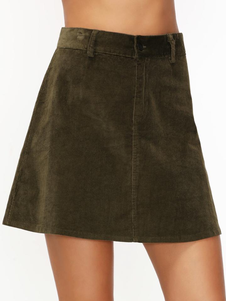 Romwe Army Green Corduroy Pockets A Line Skirt