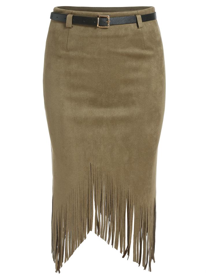Romwe Zipper Tassel Suede Skirt
