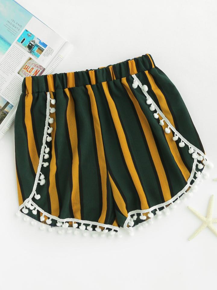 Romwe Vertical Striped Pom Pom Trim Shorts