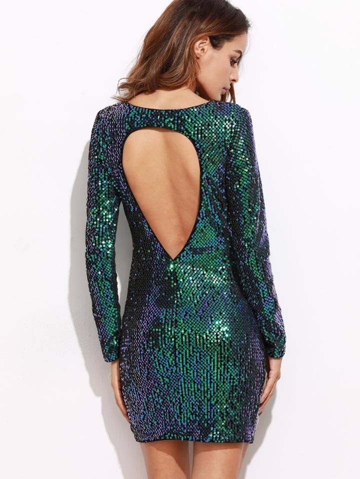 Romwe Iridescent Green Open Back Sequin Bodycon Dress