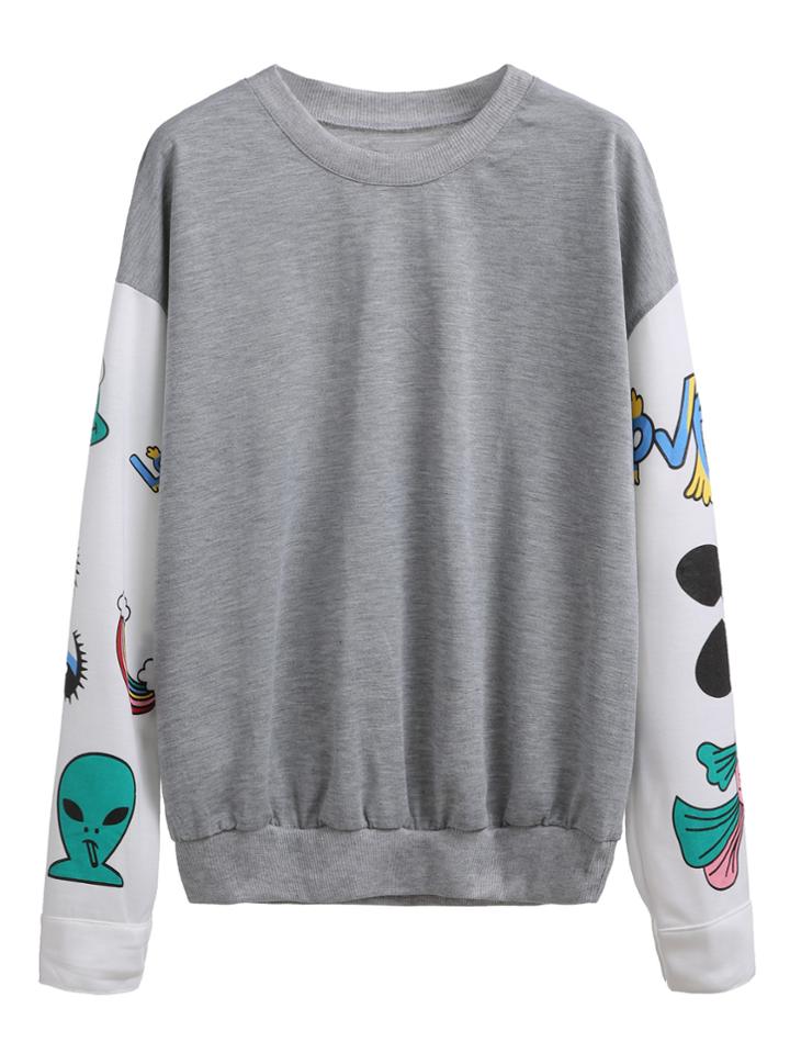 Romwe Grey Contrast Sleeve Cartoon Print Drop Shoulder Sweatshirt