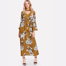 Romwe Cut Out Neck Floral Print Self Tie Waist Dress