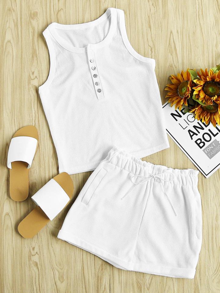 Romwe Button Ribbed Tank Top With Drawstring Shorts