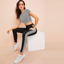 Romwe Checker Crop Tee & High Waist Crop Leggings Set