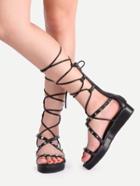 Romwe Black Open Toe Lace Up Studded Gladiator Sandals