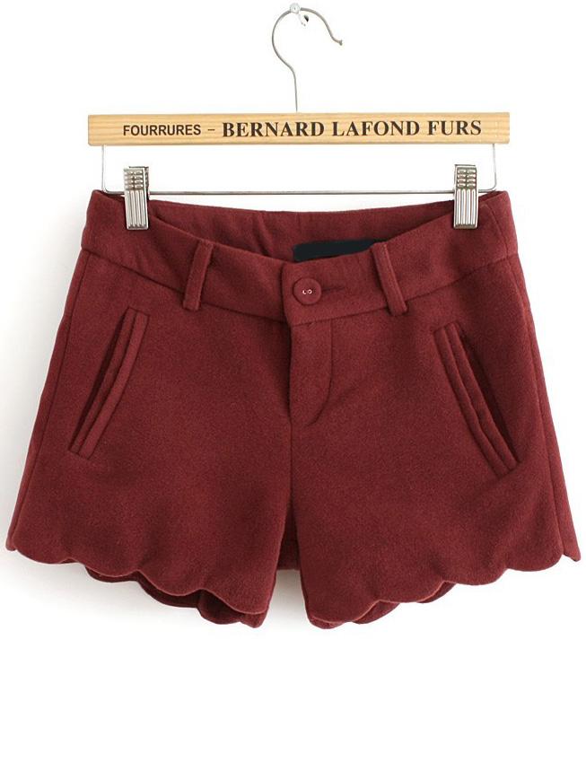 Romwe Woolen Bottom Wave Wine Red Shorts
