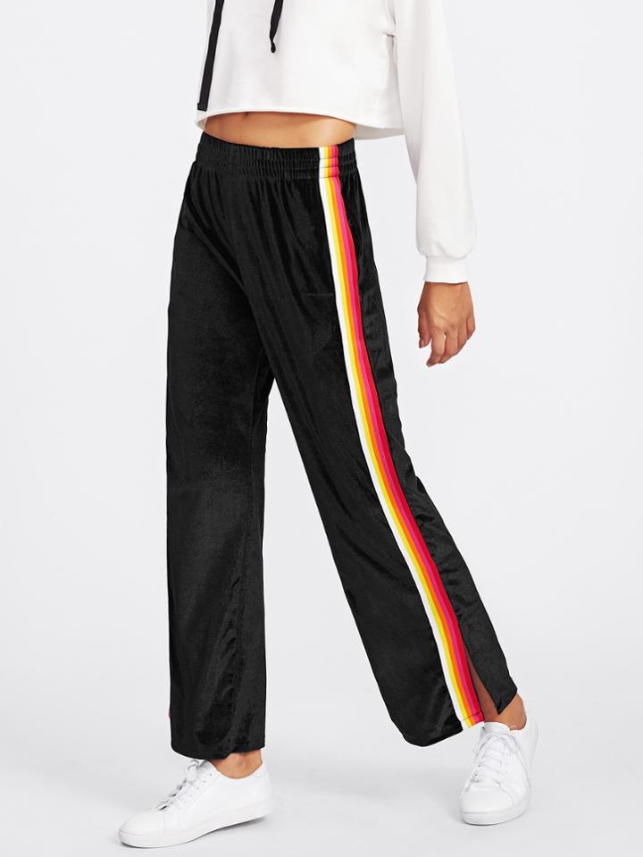 Romwe Striped Tape Side Slit Velvet Pants