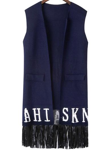 Romwe Letter Print Tassel Pockets Navy Vest