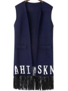 Romwe Letter Print Tassel Pockets Navy Vest