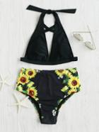 Romwe Sunflower Print Criss Cross Tie Neck Bikini Set