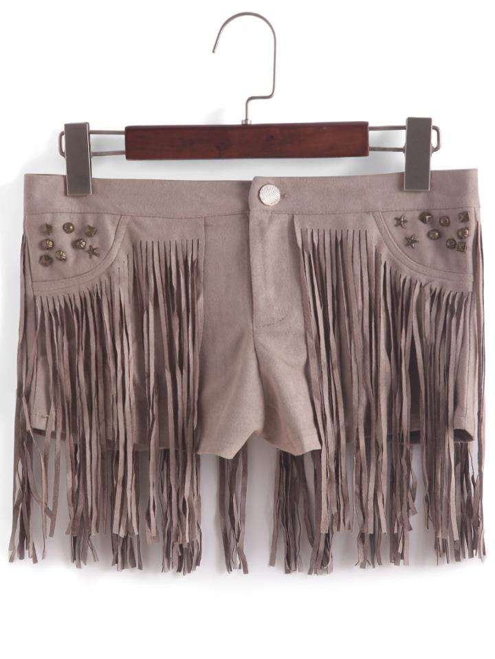 Romwe With Tassel Rivet Apricot Shorts