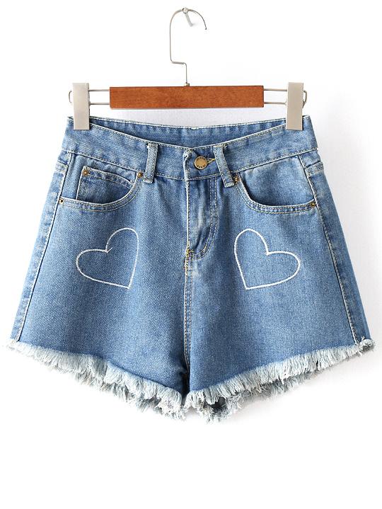 Romwe Blue Heart Embroidery Pocket Raw-edge Hem Shorts