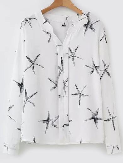 Romwe V Neck Starfish Prrint White Blouse