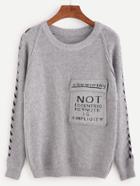 Romwe Grey Slogan Print Raglan Sleeve Pocket Sweater