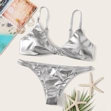Romwe Metallic Top With Cut-out Low Rise Bikini Set
