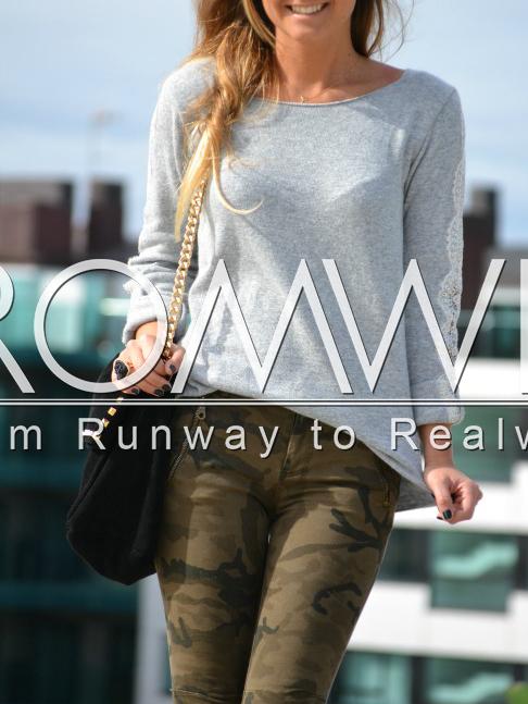 Romwe Grey Contrast Lace Sleeve T-shirt