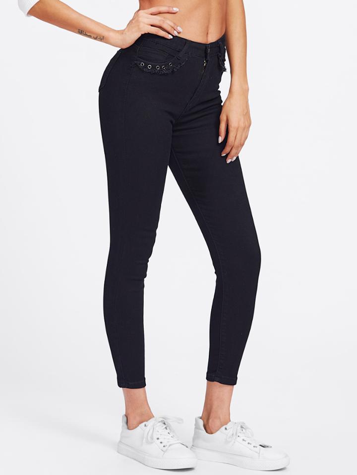 Romwe Grommet Frayed Pockets Skinny Jeans