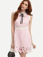 Romwe Pink Flower Crochet Overlay Dress