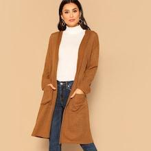 Romwe Rib-knit Pocket Patched Hooded Coat