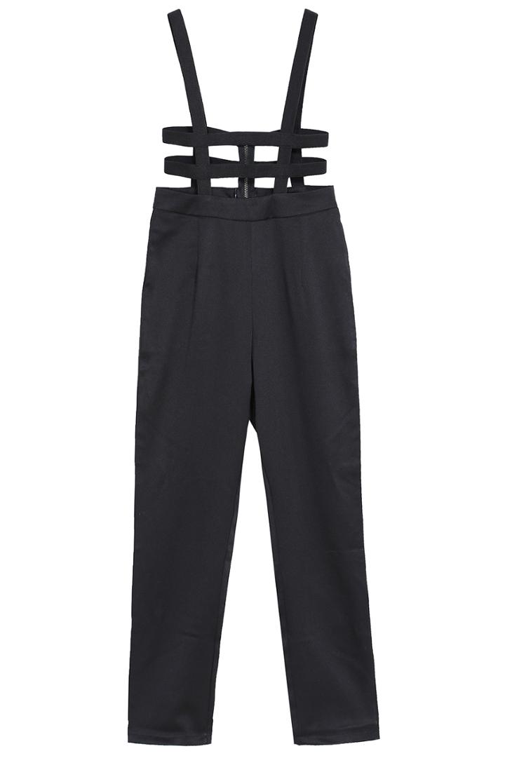 Romwe Strap Hollow Zipper Black Jumpsuit