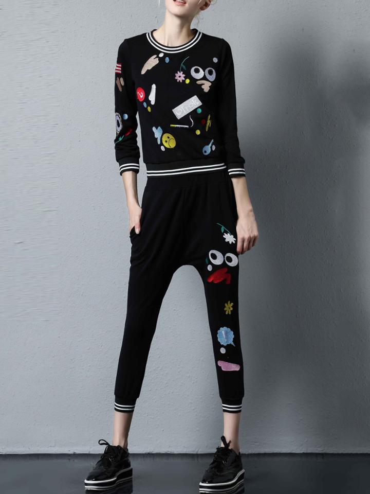 Romwe Black Cartoon Embroidered Top With Pockets Pants