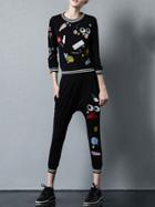 Romwe Black Cartoon Embroidered Top With Pockets Pants