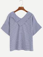 Romwe Blue Striped Fold Over V Neck Blouse