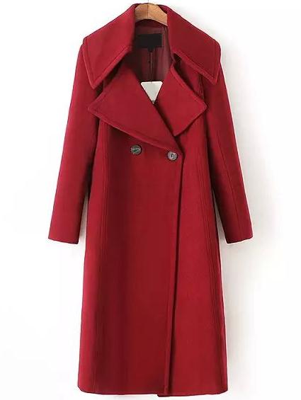 Romwe Lapel Double Breasted Split Back Long Red Coat