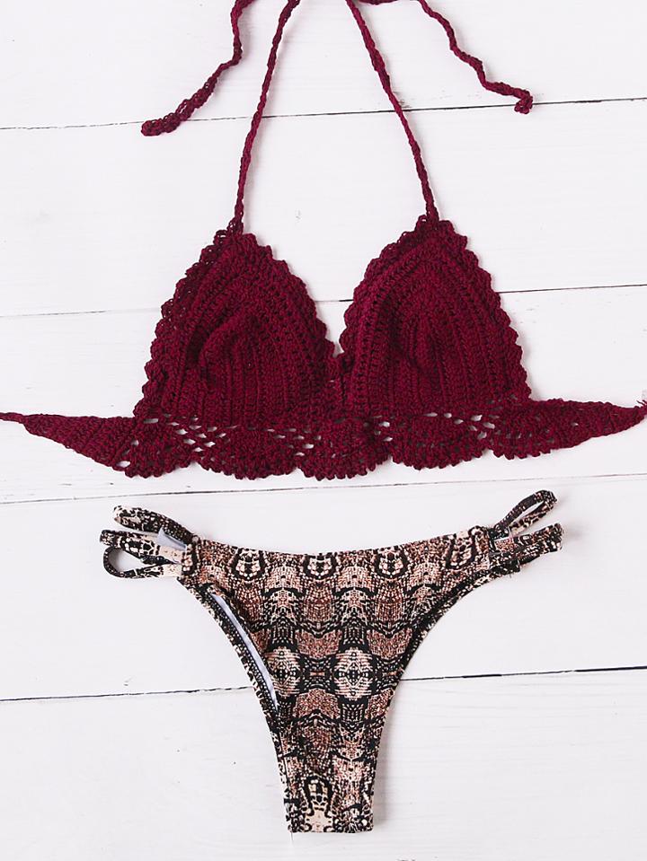 Romwe Triangle Mixed & Match Crochet Bikini Set