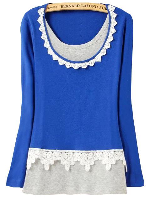 Romwe Contrast Lace Long Sleeve Royal Blue T-shirt