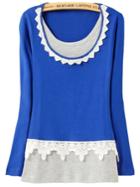 Romwe Contrast Lace Long Sleeve Royal Blue T-shirt
