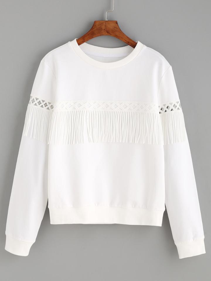 Romwe White Tassel Long Sleeve Sweatshirt