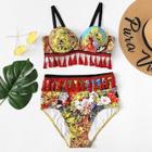 Romwe Tassel Hem Flower Print Bikini Set