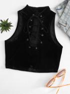 Romwe Eyelet Lace Up Ribbed Crop Top