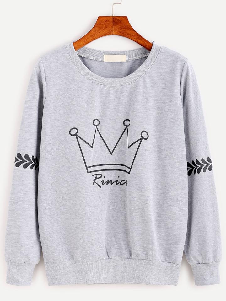 Romwe Heather Grey Crown Print Sweatshirt