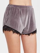 Romwe Purple Elastic Waist Lace Trim Velvet Shorts