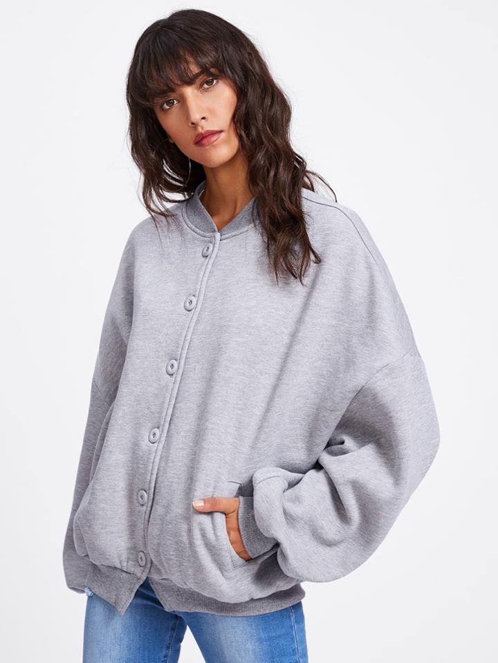 Romwe Heather Knit Oversized Baseball Jacket