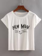 Romwe White Cat Print Cuffed T-shirt