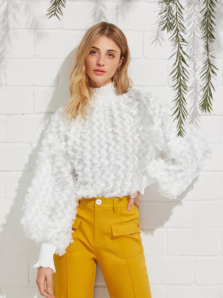 Romwe Smocked Neck Allover Fringe Top