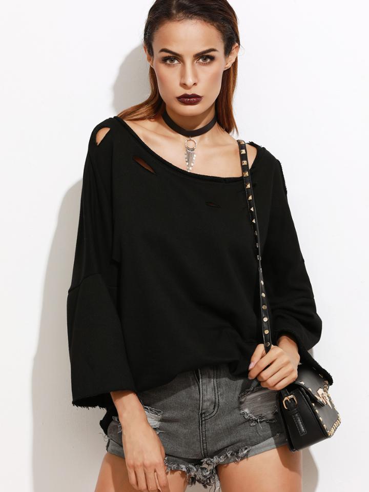 Romwe Scoop Neck Dropped Shoulder Seam Ripped T-shirt