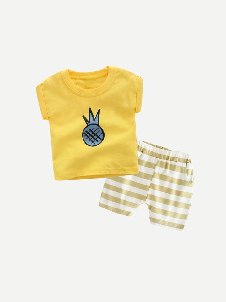 Romwe Pineapple Print Tee With Striped Shorts