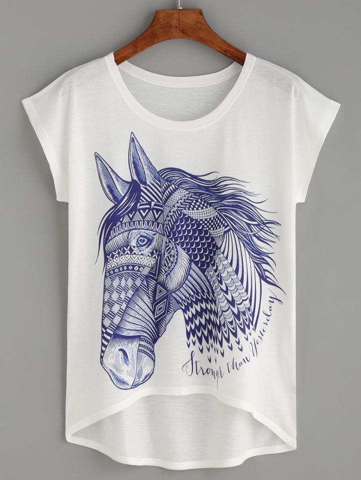 Romwe White Horse Print High Low T-shirt