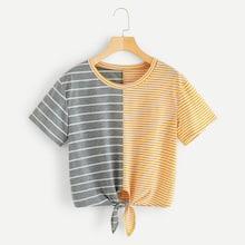 Romwe Striped Cut And Sew Knot Hem Tee