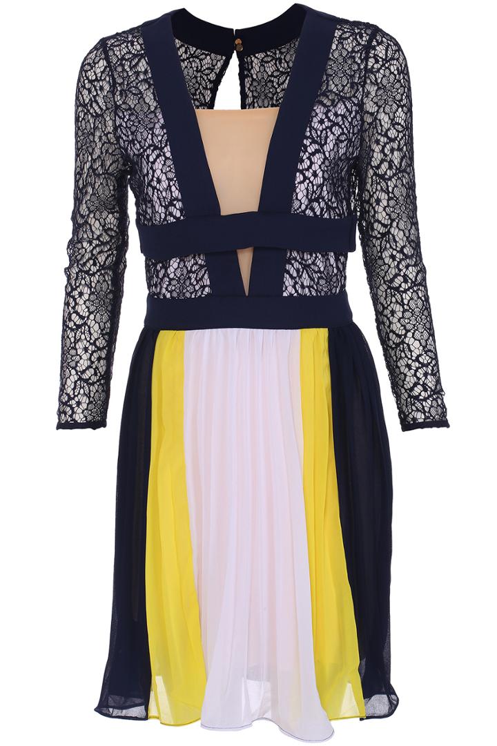 Romwe Colorblock Lace Top Pleated Dress