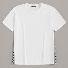 Romwe Guys Checked Tape Side Tee