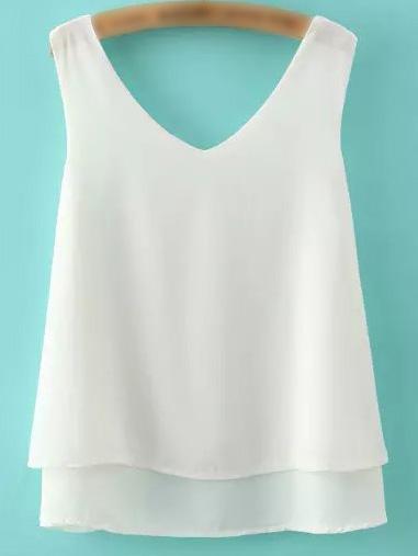 Romwe White V Neck Double Layers Chiffon Tank Top